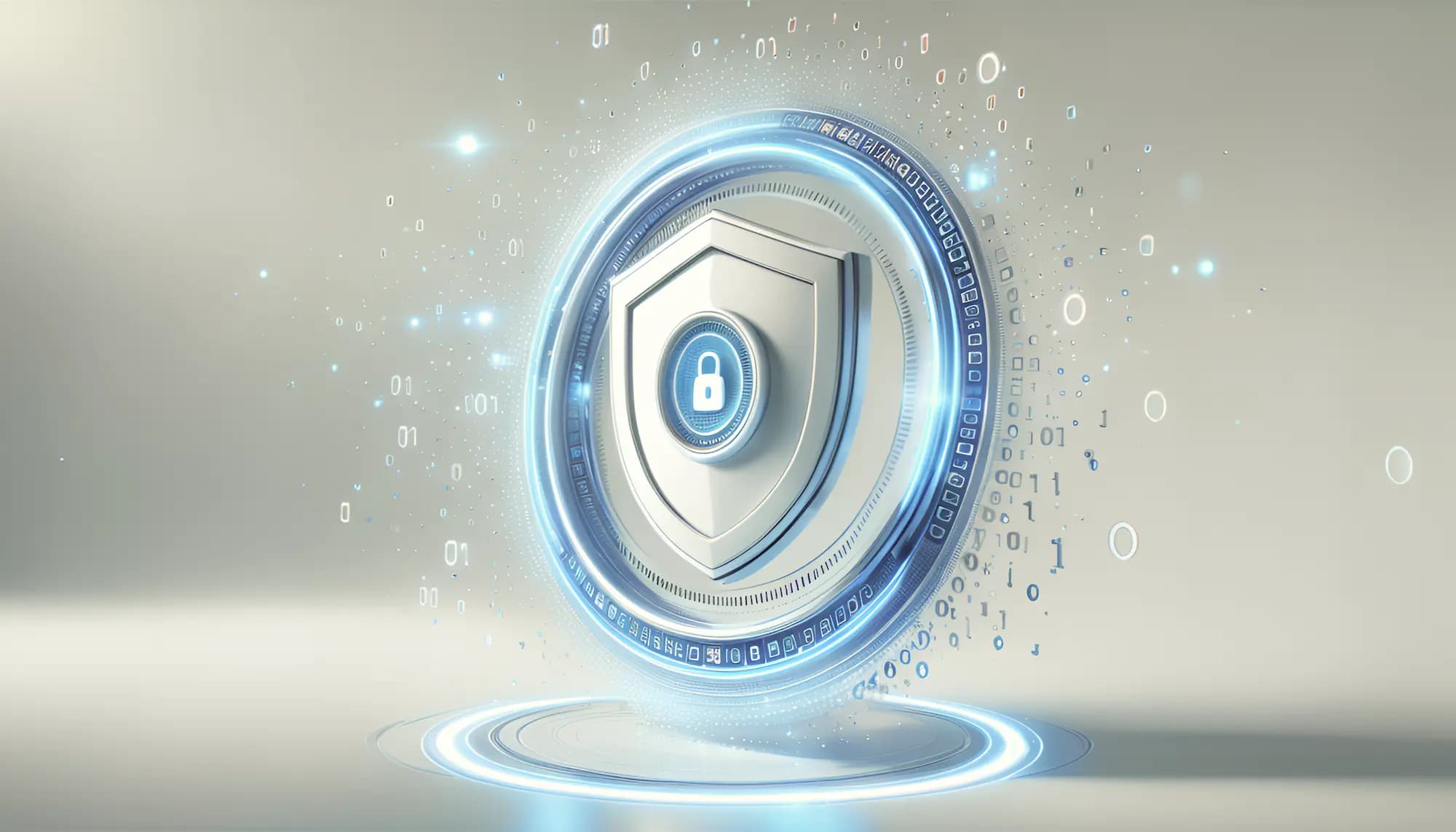 A futuristic digital shield with a lock icon in the center, surrounded by binary code and glowing blue circular elements, symbolizing cybersecurity and data protection.